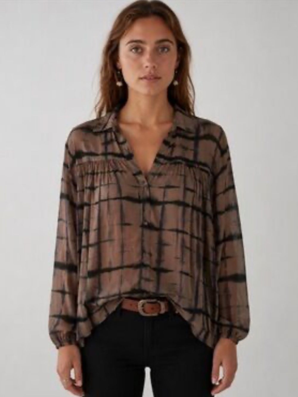 Maison Hotel Pink Black Tie Dye Plaid Blouse Size Small